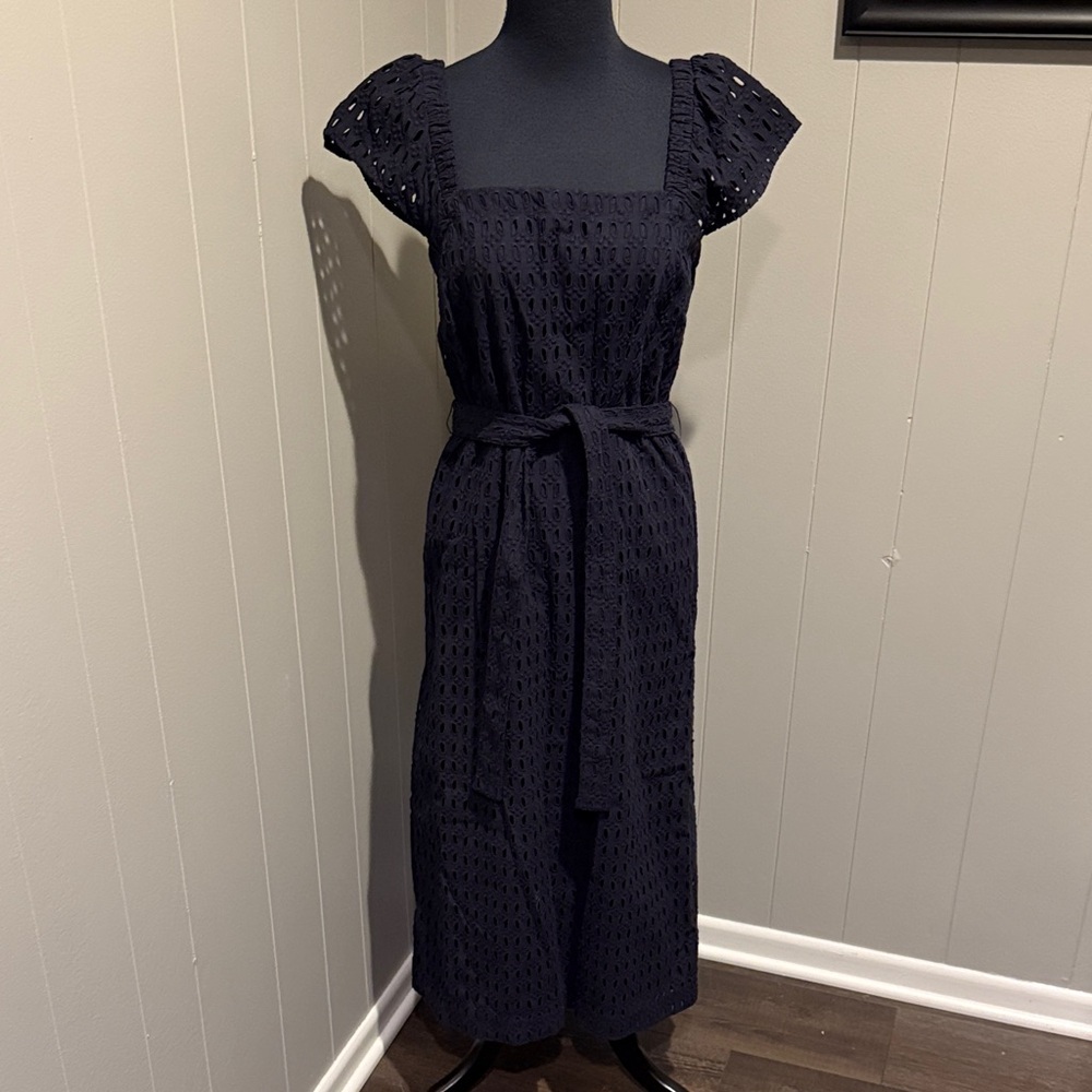 B19 Ann Taylor Balloon Sleeve Waist Tie Preppy Formal Black Eyelet Maxi Dress